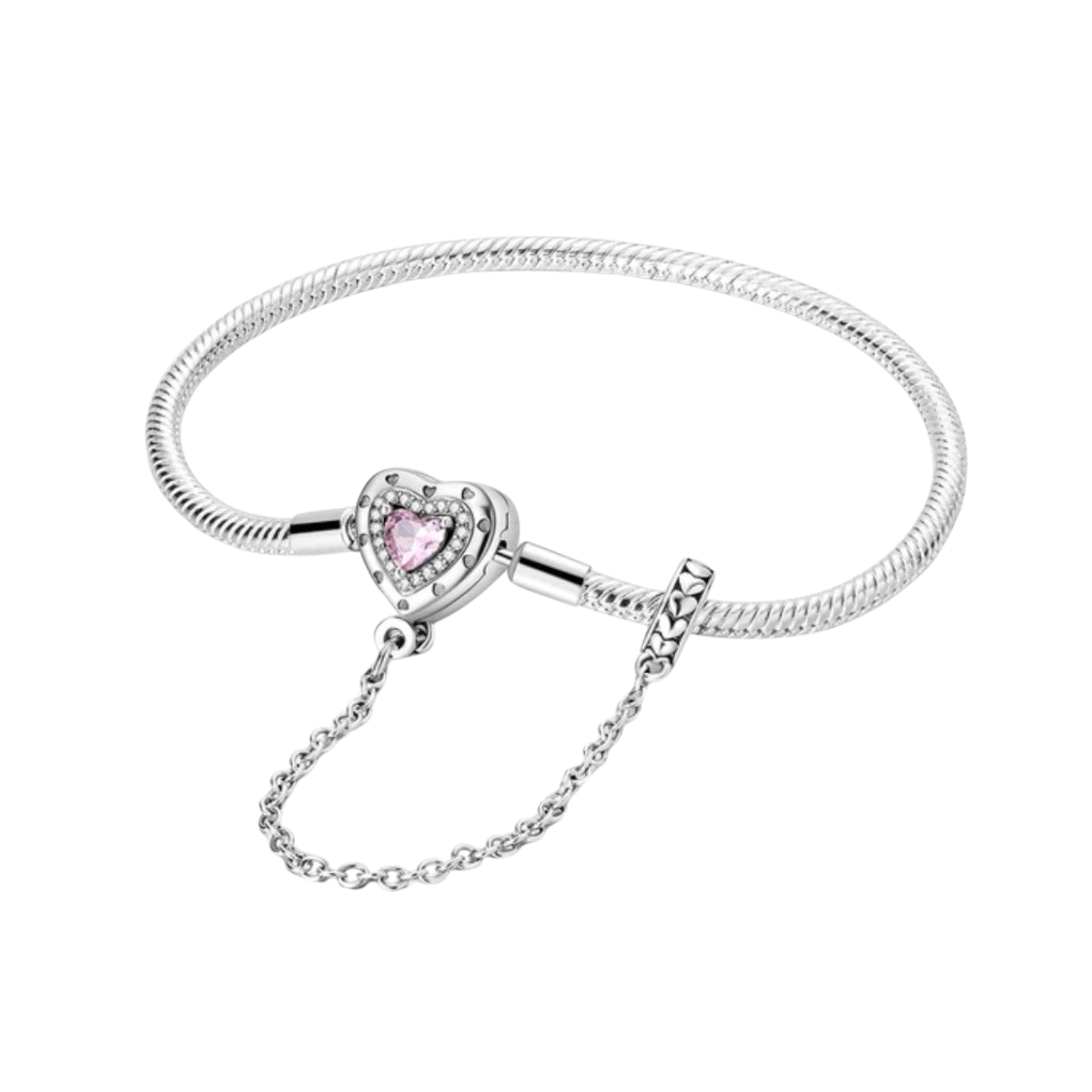Brazalete Corazón Cristal Rosa Con Cadena De Seguridad