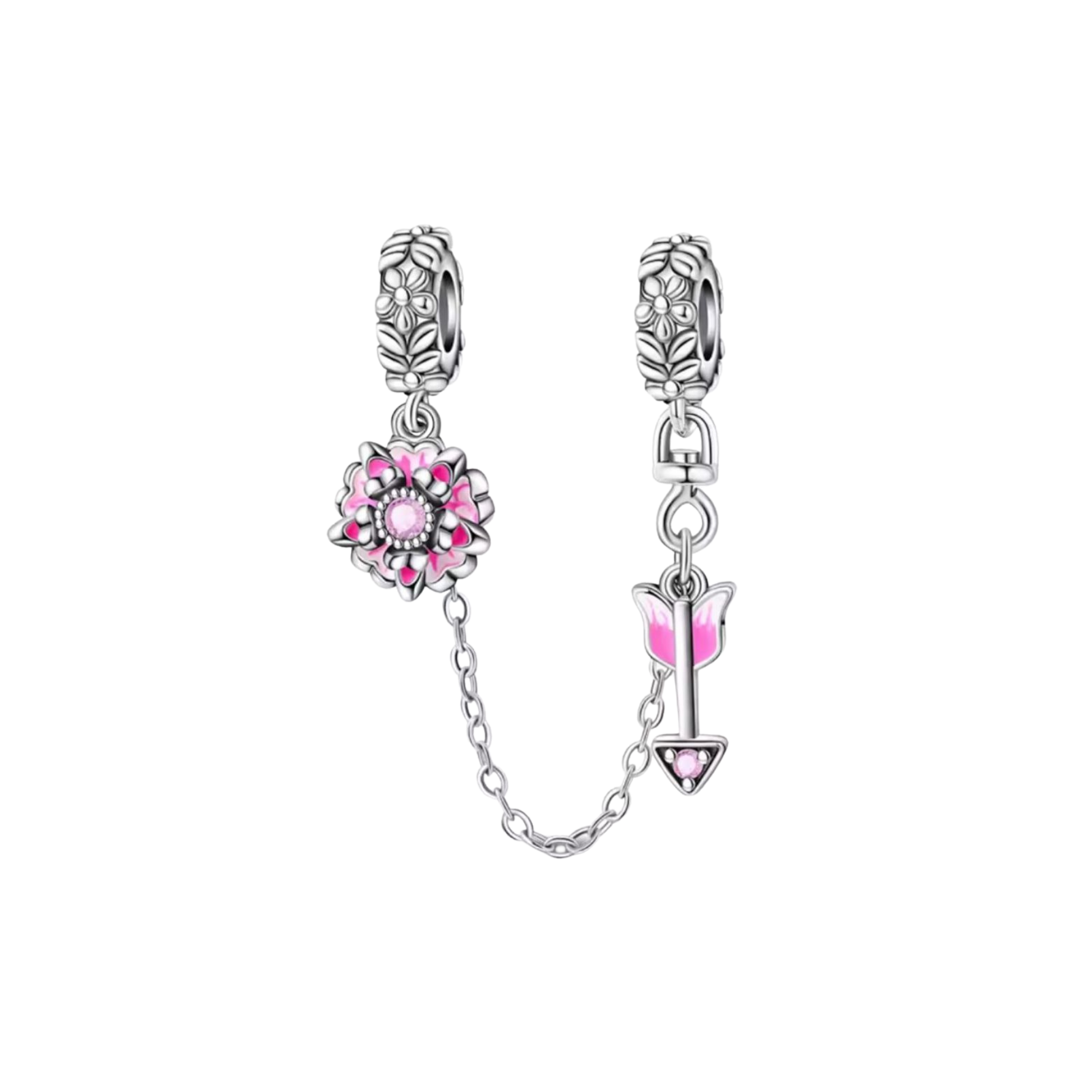 Charm Cadena De Seguridad Flor Rosa Y Flecha