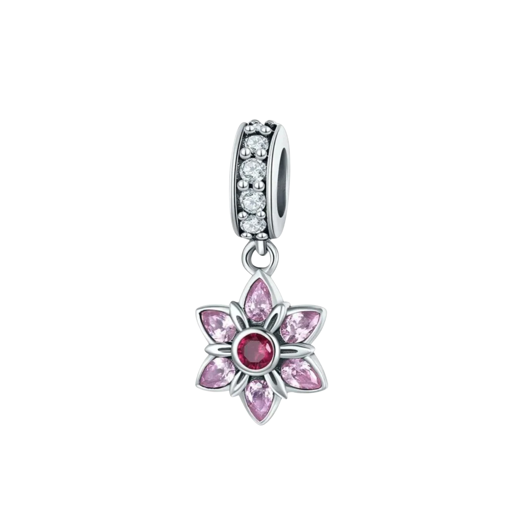 Charm Cristales Flor Pétalos Rosas Centro Rojo