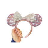 Cargar imagen en la galería, Diadema Orejas Minnie Mouse Rosa Corazones Blancos